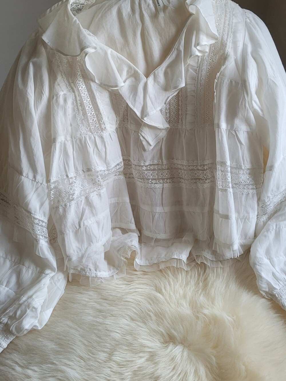 Anthropologie White Ruffled Lace-Trim Peasant Blouse